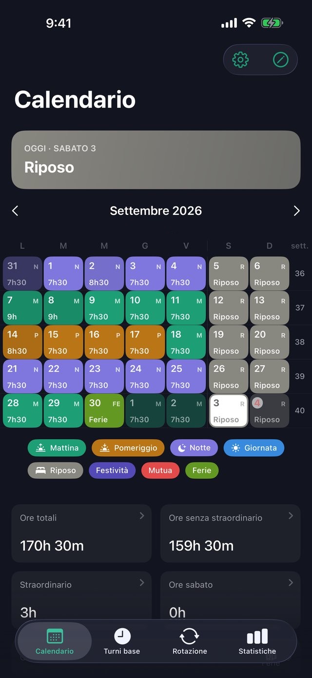 ShiftPro: il calendario di settembre con i turni gia' compilati, l'orario di oggi e le ore del mese