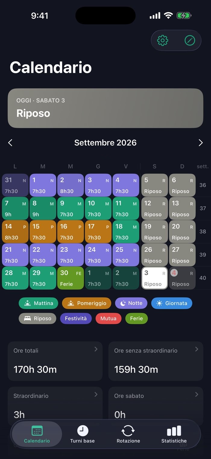 Il calendario del mese con le ore di ogni giorno